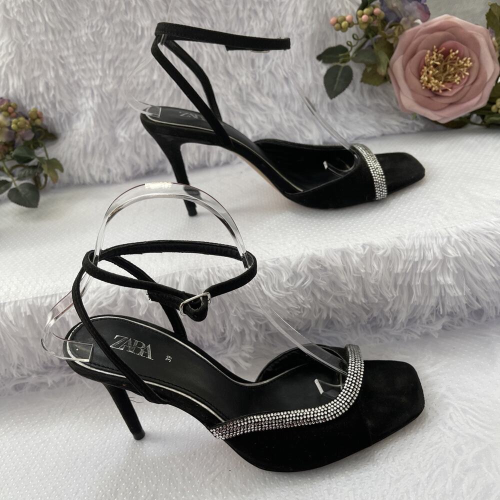 ZARA Black Rhinestone‎ Square Toe Slingback Stiletto Heels EU 39 Women’s